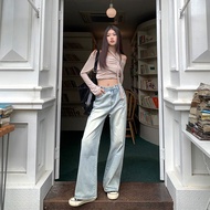 High Waist Wide Leg Jeans Light Blue ฤดูใบไม้นอนฤดูหนาว ทรงเดนิมยาวม้ากระดี่ทรงผอมพานเอวสูงสไตliced 