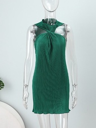 newแขนกุดจีบชุดมินิผู้หญิง Y O คอ Kink ปิดไหล่ชุดฤดูร้อน Streetwear Y2k แข็งพรรคคลับชุด