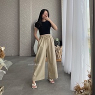 Kulot linen highwaist pinggang full karet Celana panjang wanita Basic cullote pant