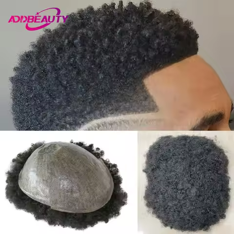 4mm Wave Afro Human Hair Wigs for Men Thin Skin Curly Male Toupee Human Hair PU 0.14cm Man's Wigs Ca