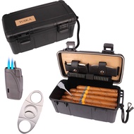 TOIKA Black Portable 15 Travel Carry Cigar Humidor,Cigar Travel Case with Cutter and Torch Lighter G