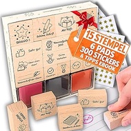 Teacher's Stamp Primary School - Complete Stamp Set Teacher with 15 Beech Wood Motivational Stamps, 