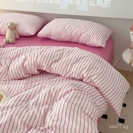 4in1 Washed Cotton Bedsheet Set Dopamine Color Striped Beddings with Quilt Cover Pillowcase Soft Pre