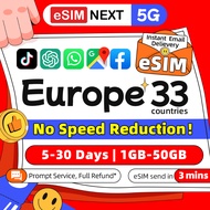 Europe eSIM 5G 5-30 Days Total 10-50G or Daily 1-3GBUnlimited Data | High Speed Travel Data e SIM Eu