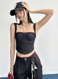 Áo Corset Kiểu 2 Dây Jean Xanh Đậm Phối Ren Đỏ - HOO DESIGN