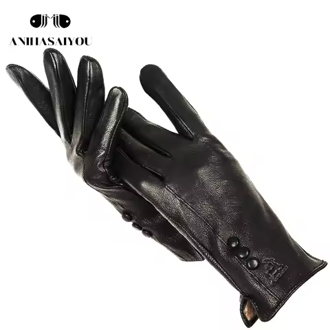 Fashion simple warm women leather gloves,real leather women's winter mittens,Black buckskin women gl
