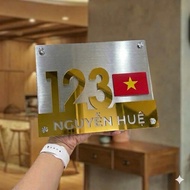 SILVER SCRATCHED HOUSE NUMBER PLATE + RED FLAG WITH YELLOW STAR HOUSE DECOR WALL DECOR