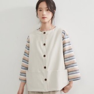細褶織法寬鬆背心多口袋撞色鈕釦背心
