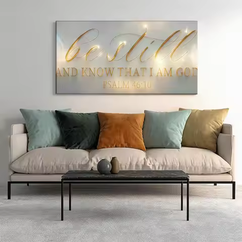 Large-sized solid wood frame canvas painting 1pc Gold-lettered Bible verse art.