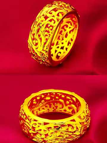 24K Gold Wide Floral Carved Ring Women's AU999 - Durable carving, heavy texture, for office & banque