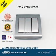 reTouch Aluminum Stainless Steel 3 Gang 2 Way Slim Curved Designer Aluminum Face Wall Switch SIRIM A