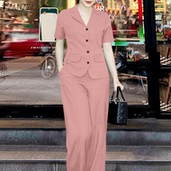 Esolo ZANZEA เสื้อผู้หญิงแขนสั้นมีปกเสื้อกระดุมแถวเดียวกางเกงขาม้ากระเป๋าด้านข้างชุดทำงาน OL #8