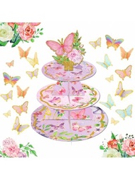 蝴蝶造型杯子蛋糕架附60pcs 3D 蝴蝶杯子蛋糕插牌 3層蝴蝶派對用品蛋糕架，適用於兒童生日派對裝飾，蝴蝶花卉主題派對，嬰兒淋浴生日派對用品