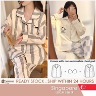 【SG】Women Padded Pyjamas Set Autumn Long Sleeves Sleepwear Cartoon Cute With chest pad Home wear