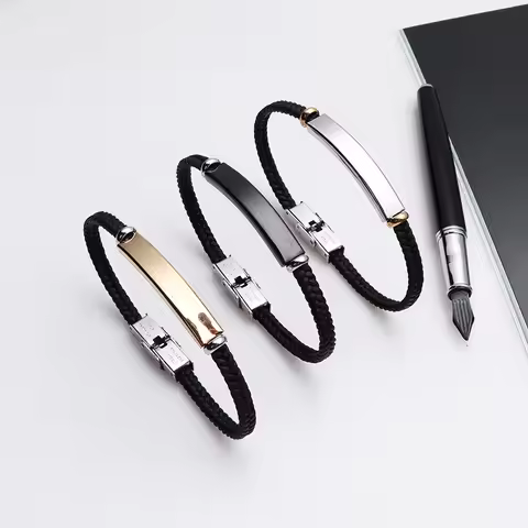 Punk Thin Custom name Leather Men Bracelet Personalized Stainless Steel Bracelets For Women Men ID B