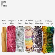 6 Sage Smudge Sticks - Palo Santo, Dragon's Blood, White Sage, 7 Chakra Rose, Lavender White Sage, 7