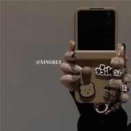 Fashion Beads Fur Ball Hand Chain Cute Cartoon Coffee Bear Matte Brown Hinge Case Cover For Galaxy Z