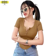 GudangFashion18 - Atasan Kaos T-shirt Kancing Potongan Oval Rib Crop Top Baju Lengan Pendek Motif Po