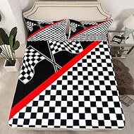 Racing Car Fitted Sheet Queen Size,Race Car Flag Extreme Sports Bedding Set with 2 Pillowcases,Geome