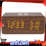 【A-NH】Wooden Digital Alarm Clock with Wireless Charging, 3 Alarms LED Display, Sound Control and Snooze Dual for Bedroom