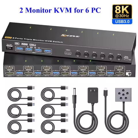 HDMI 2.1 KVM Switch 6 Computers 2 Monitors,8K@60Hz USB 3.0 KVM Switch 2 Monitor KVM for 6 PC,