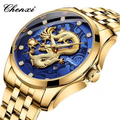 Chenxi 8220 3D Golden Dragon Totem Embossed Calendar Waterproof Men's Chinese Style Wrist Watch Stee