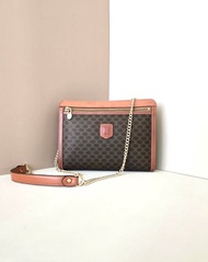 【初夏優惠】中古二手Celine啡杏色老花皮革斜揹側背孭手袋