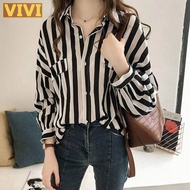 Women Loose Striped V Neck Long Sleeve Casual Summer Blouse Fashion Stripe Shirt T43