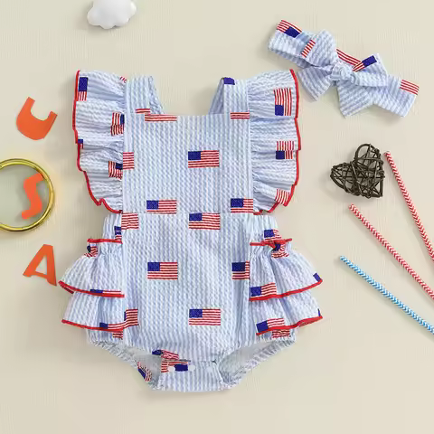 Citgeett Summer Independence Day Infant Newborn Girl Outfit Fly Sleeve Stripes Flags Bodysuit Hairba