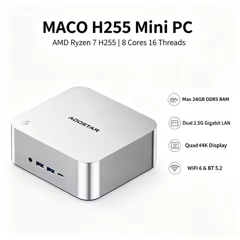 MACO H255 Mini PC AMD R7 H255 8 Core 16 Thread DDR5 WiFi6 Dual 2.5G Gigabit LAN Quad Display Gaming 