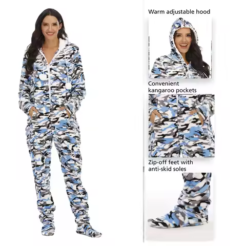 Women Fleece Printed Footed Hooded Onesie Abdl One Piece Sleeper Jumpsuit Adult Pajamas