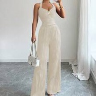 Elegant Beige Summer 2 Pieces Set,Seductive Y2K Baddie Wavy Texture Outfit,Metal Flower Decor Crop T