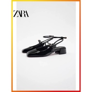 ZARA Autumn New Women's Shoes Black Thick Heel Open Heel Round Head Flat Shoes 2258010 800