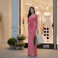 Ommishop Evening Dress 1117K Long Sleeves Deep V-Neck Velvet Party Wedding Bridesmaid