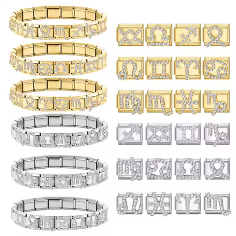 Y2K Gold Color Twelve Zodiac Elements Italian Charm Links Fit 9mm Stainless Steel Bracelet Women Men