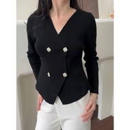 Nalda V Neck Fitted Top with Crystal Button - Atwell Apparel