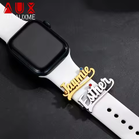 Auxauxme Custom Name Watch Band Charms Stainless Steel Personalized Colorful Zircon Nameplate Band f