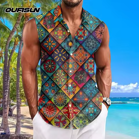 Vintage Men's Shirts Bohemian Style Hawaiian Shirts Men Sleeveless Lapel Top Cashew Flower 3d Print 