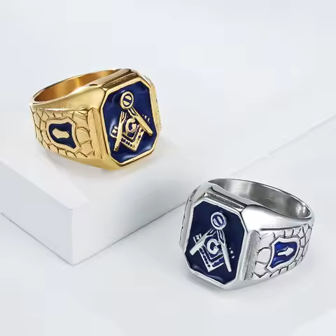 Men's Stainless Steel Freemason Symbol Masonic Rings Blue G Lodge Master Mason Signet Biker Band