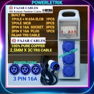 FAJAR TRS CABLE 2.5mm x 3C PORTABLE DISTRIBUTION BOX 3 X 16A 3WAY INDUSTRIAL PLUG & SOCKET BUILT IN 