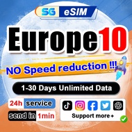 Europe eSIM 5G High Speed 1-30 Days Daily 500MB-15GB Unlimited Travel Data Europe 10 countries SIM