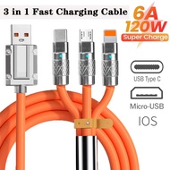 3 in 1 120W 6A Fast Charging USB Cable Type C Mirco Lightning Phone Charging Cord Compatible with IPhone 14 13 Samsung Xiaomi Zinc Alloy Plug