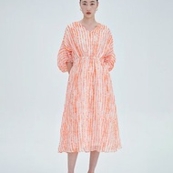 【V領】新中式復古中國風 粉色印花/褶皺兜袖連衣裙