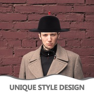 Black JinYiWei Costume Hat: Wide Brim Wool Felt Cap with Adjustable Chin Strap - Dome Crown Historic