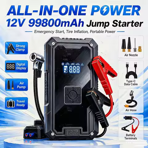 12V 99800mAh Portable Jump Starter & Air Pump, Car Battery Booster Pack with LED Display, Type-C Rec
