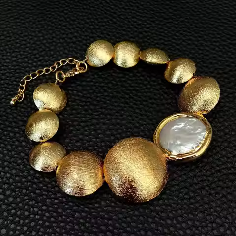 Y.YING Cultured White Coin Keshi Pearl Brushed Bead Bracelet Graduated Fashion Jewelry