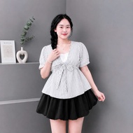 Big Size Women's Plaid Blouse with Bow Tie and Skirt for Work and Play A360+CV413