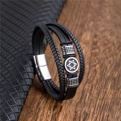 MKENDN Vintage Norse Hexagram Star of David Bracelet For Men Stainless Steel Six Point Star Amulet L