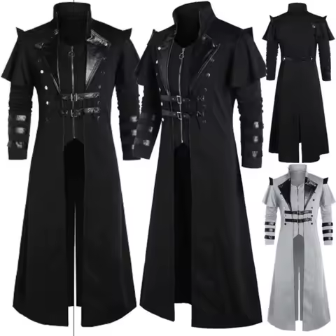 Vintage Men's Gothic Steampunk Long Jacket Trench Coat Retro Medieval Warrior Knight Overcoat Male V