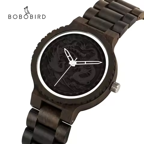 BOBO BIRD Men's Watches Unique Dragon Pattern Wooden Wristwatch Clearance Sale